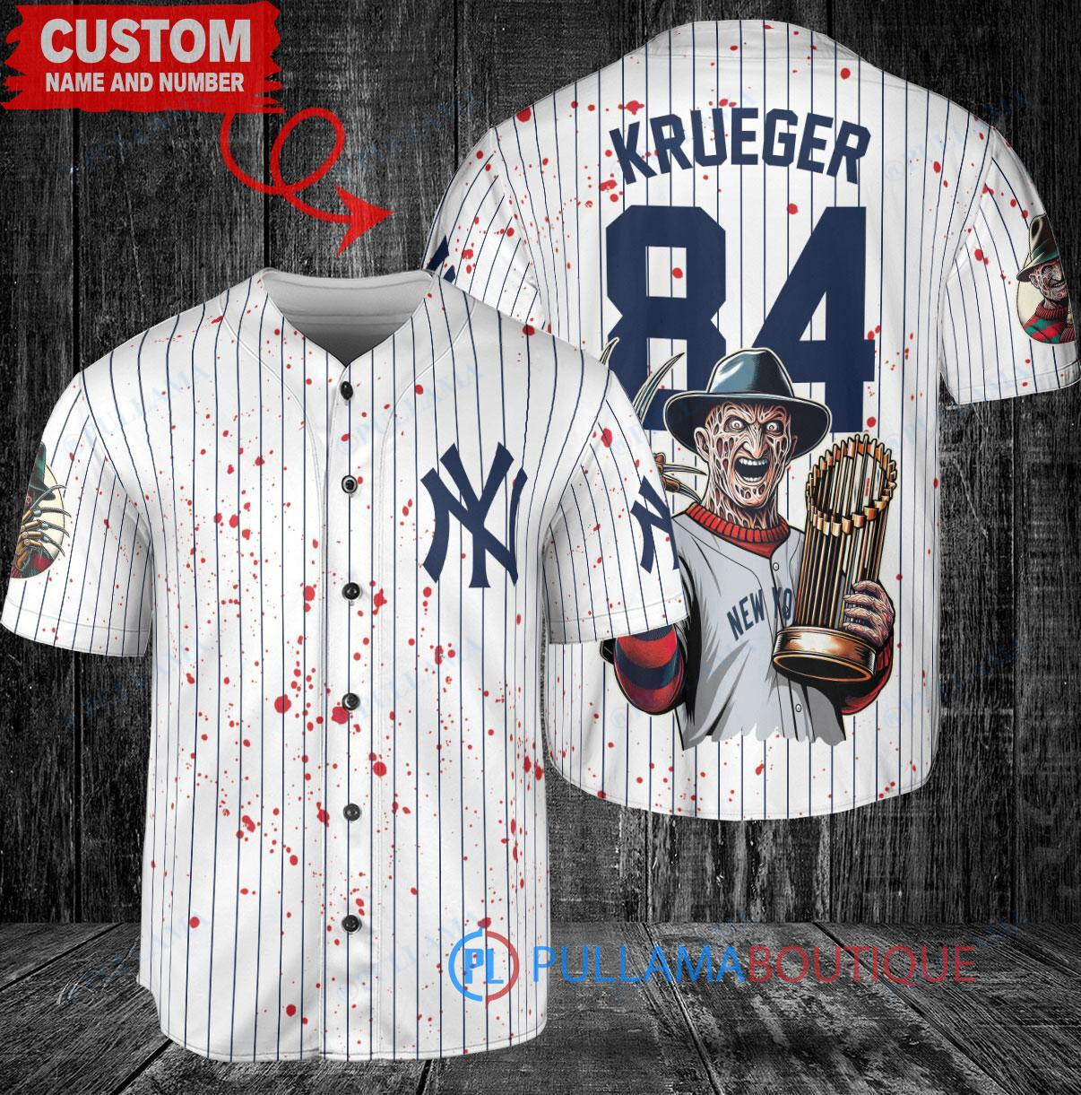 New York Yankees x Freddy Krueger A Nightmare on Elm Street Halloween with World Series Trophy Custom Baseball Jersey White