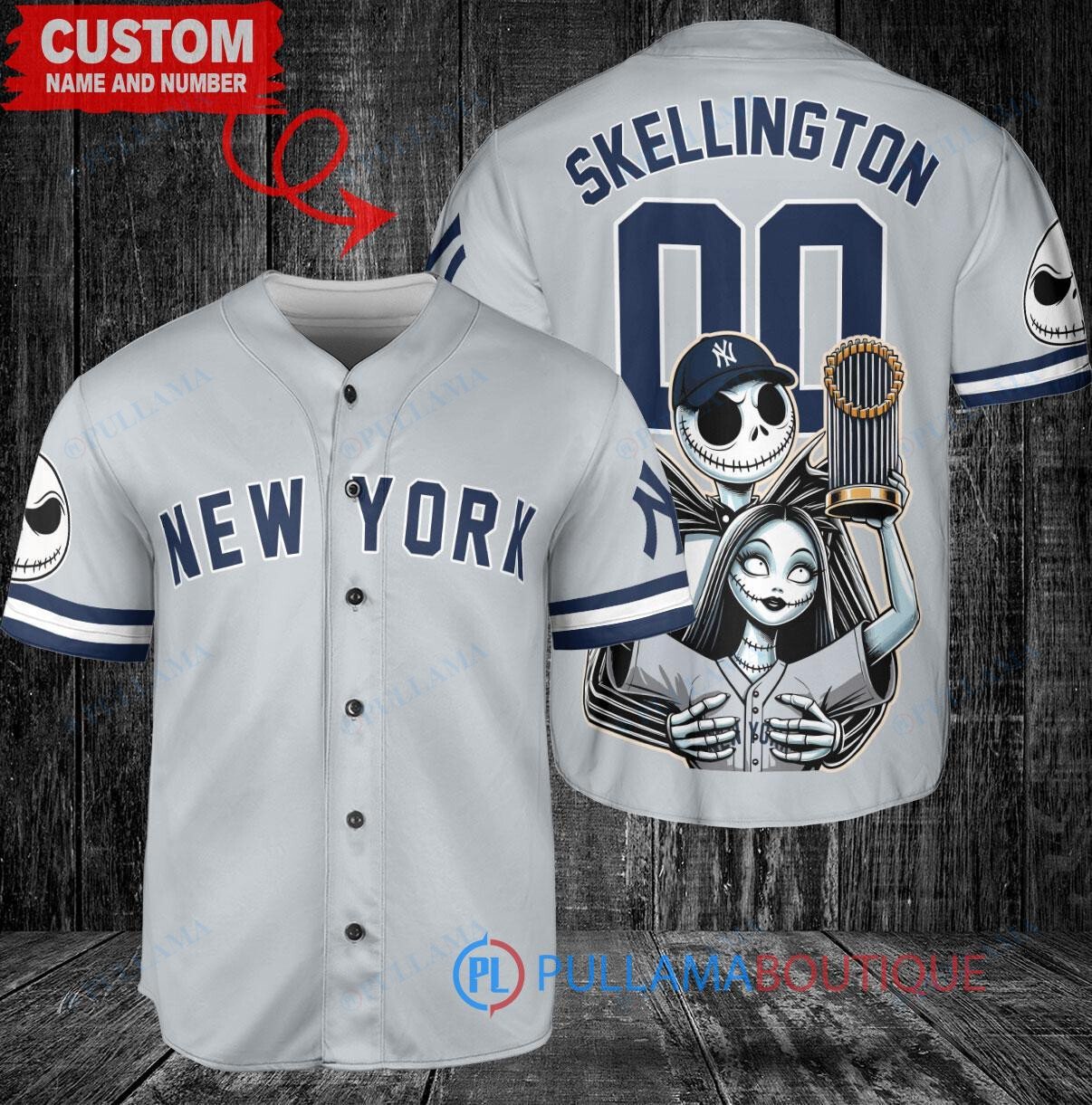 New York Yankees x Jack Skellington and Sally The Nightmare Before Christmas with World Series Trophy Custom Baseball Jersey Gray
