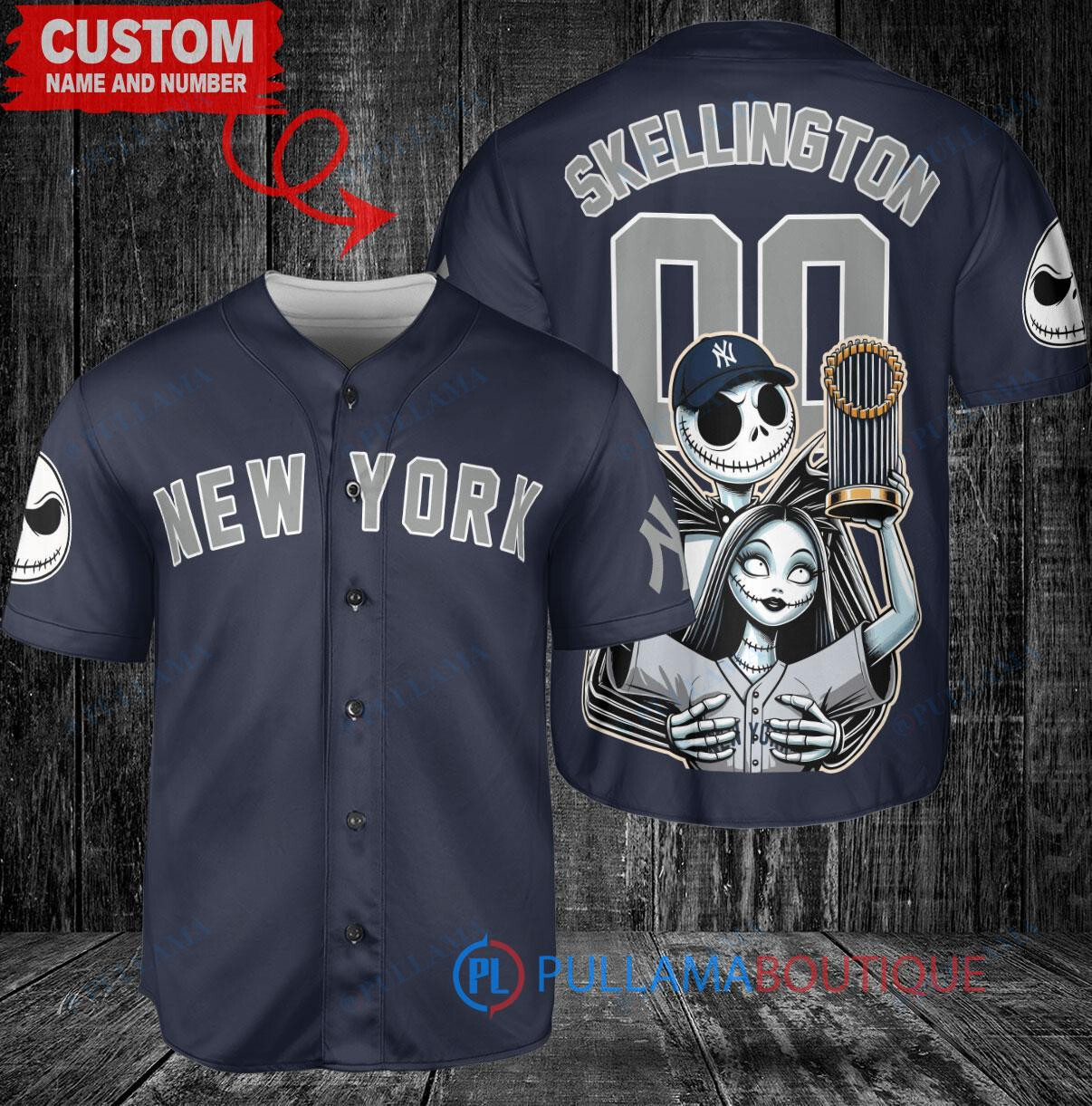 New York Yankees x Jack Skellington and Sally The Nightmare Before Christmas with World Series Trophy Custom Baseball Jersey Navy