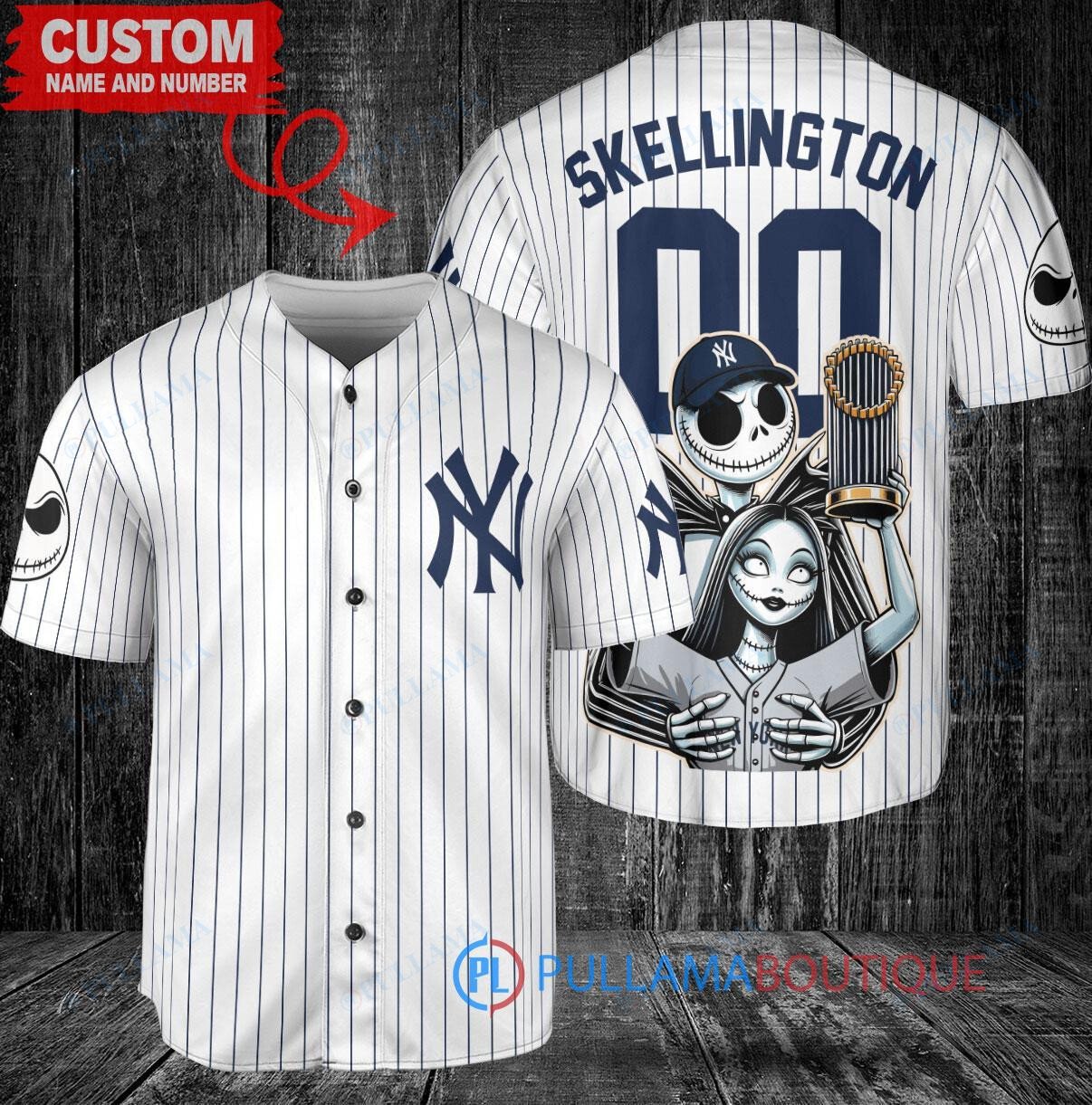 New York Yankees x Jack Skellington and Sally The Nightmare Before Christmas with World Series Trophy Custom Baseball Jersey White