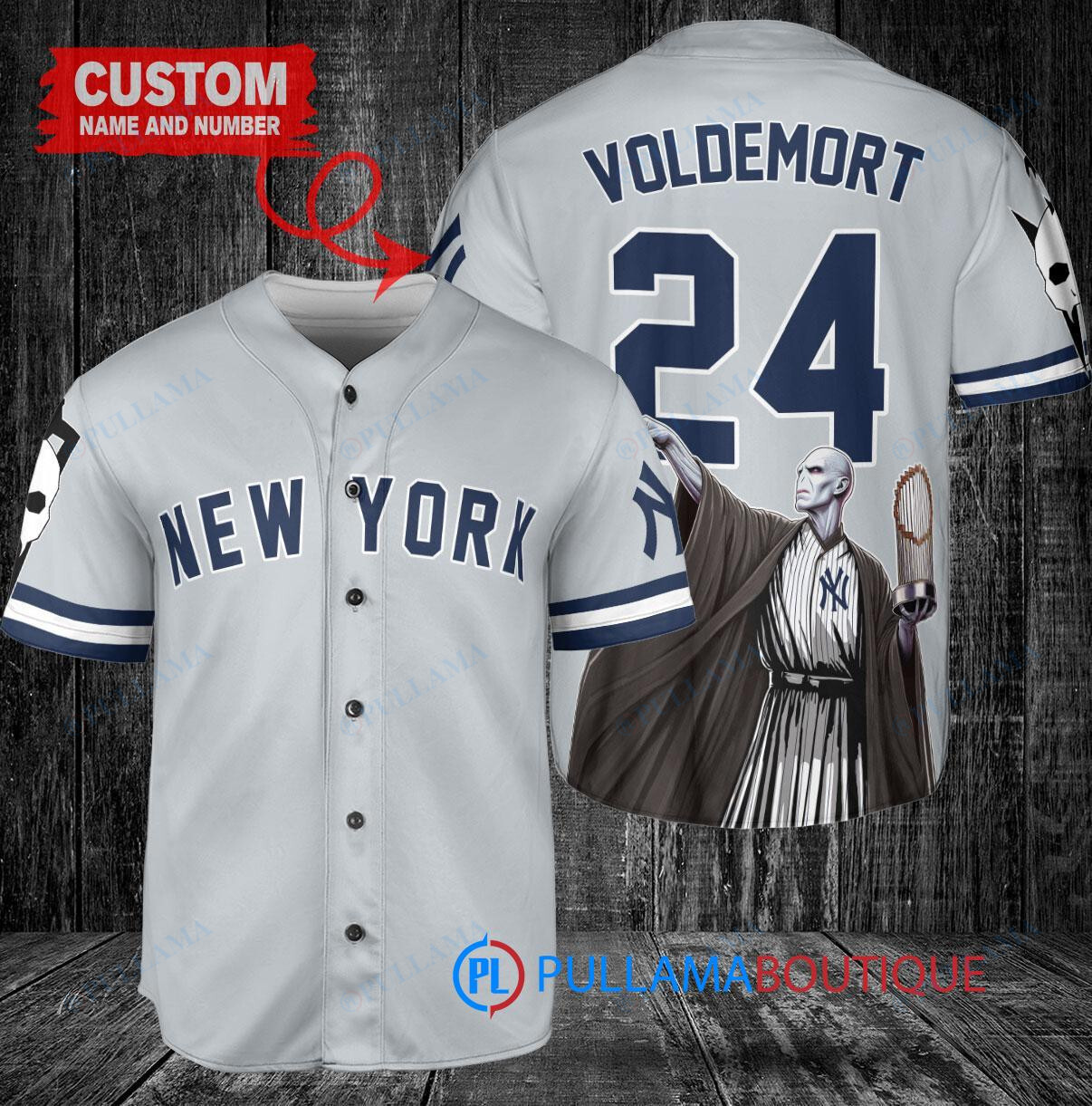 New York Yankees x Lord Voldemort Harry Potter with Trophy Custom Baseball Jersey Gray