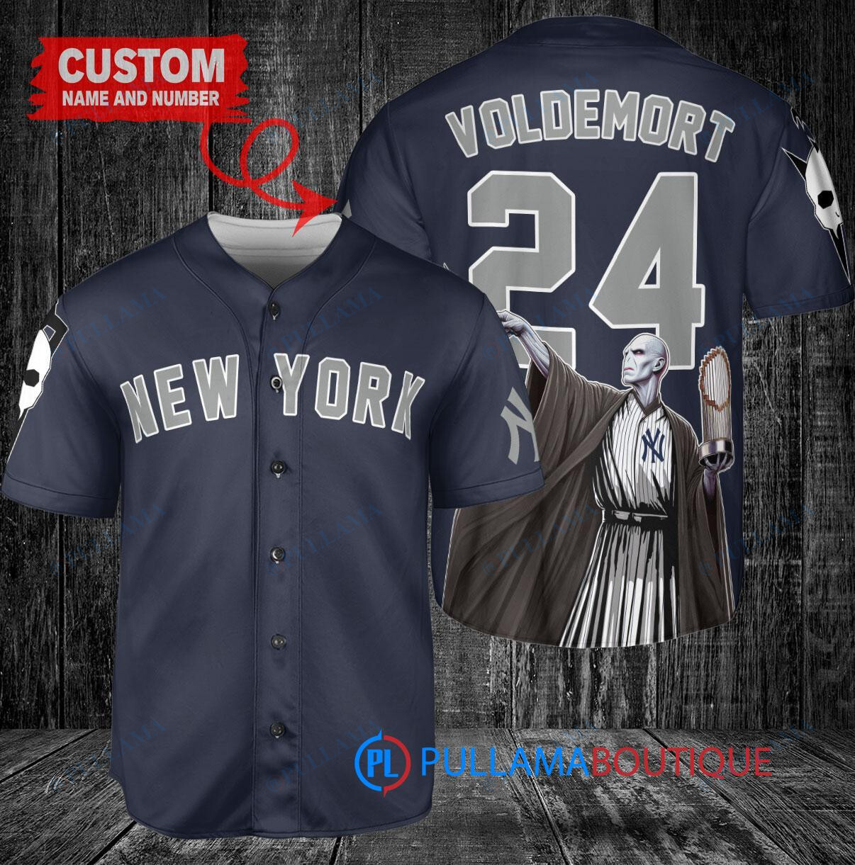 New York Yankees x Lord Voldemort Harry Potter with Trophy Custom Baseball Jersey Navy