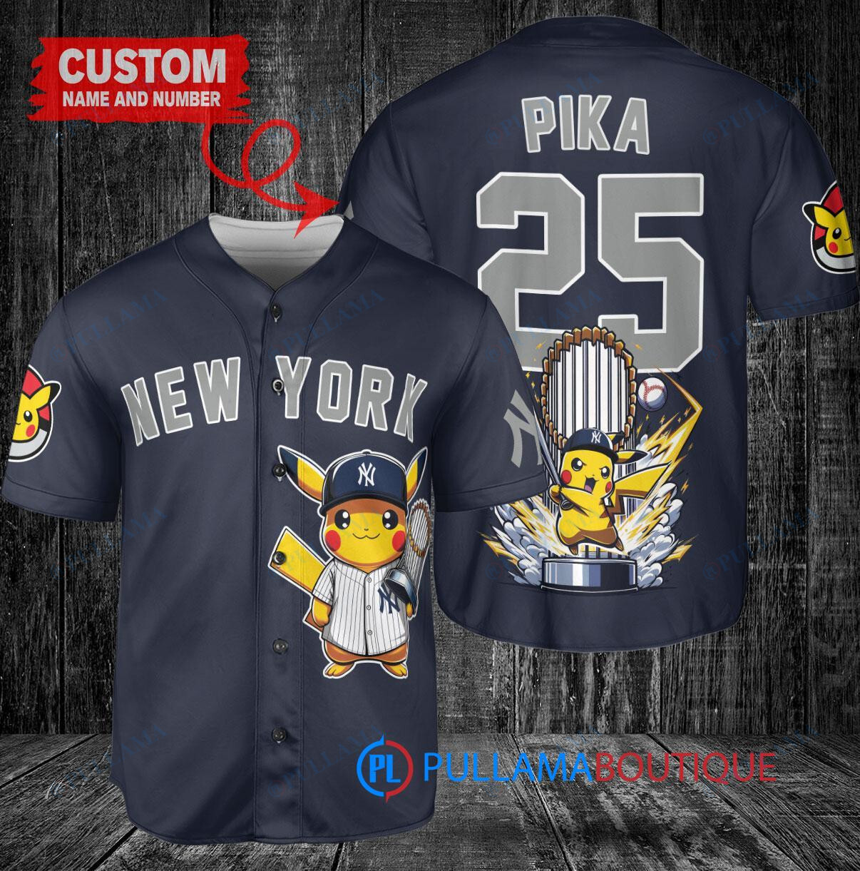 New York Yankees x Pikachu Pokemon with Trophy Custom Baseball Jersey Navy