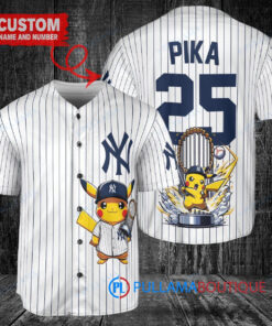 New York Yankees x Pikachu Pokemon with Trophy Custom Baseball Jersey White