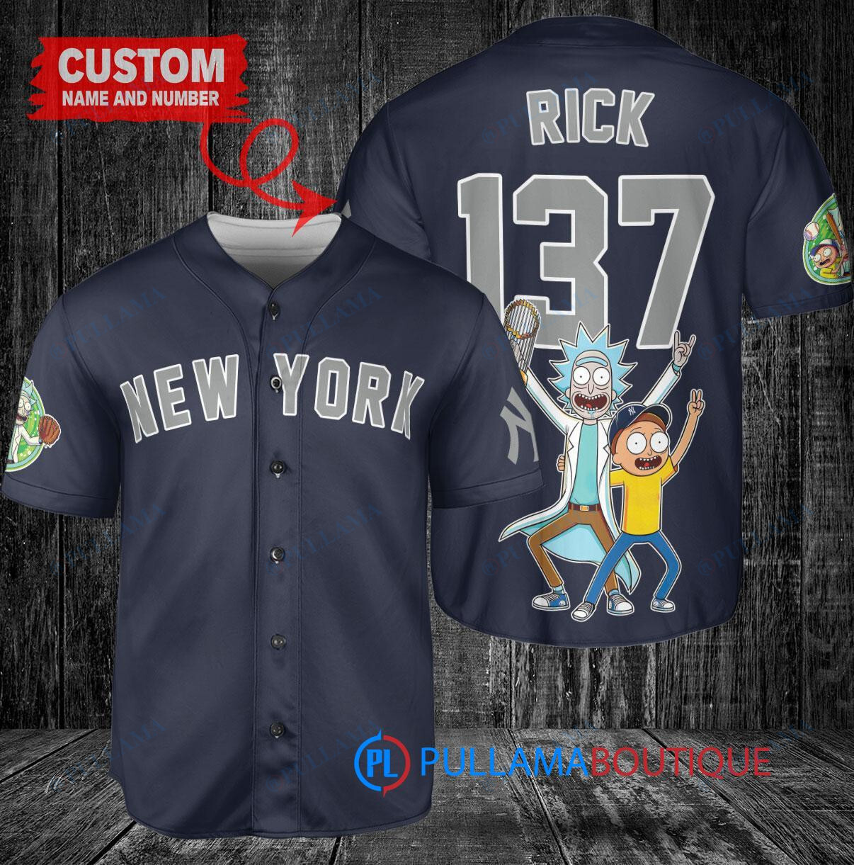 New York Yankees x Rick and Morty with Trophy Custom Baseball Jersey Navy