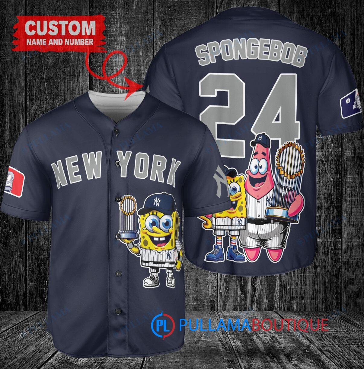 New York Yankees x SpongeBob SquarePants with Trophy Custom Baseball Jersey Navy