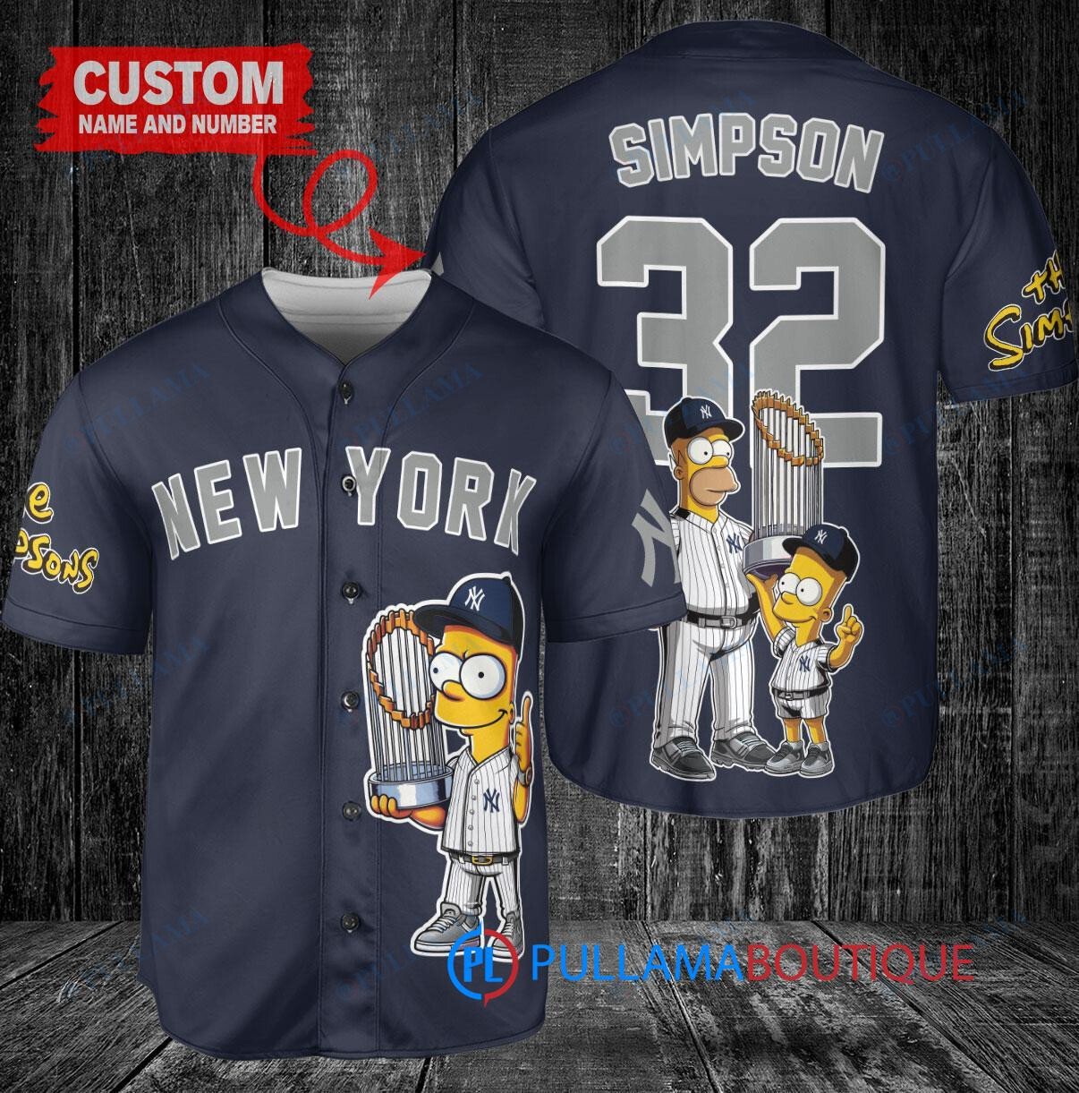 New York Yankees x The Simpsons Bart Simpson, Homer Simpson, Lisa Simpson with Trophy Custom Baseball Jersey Navy