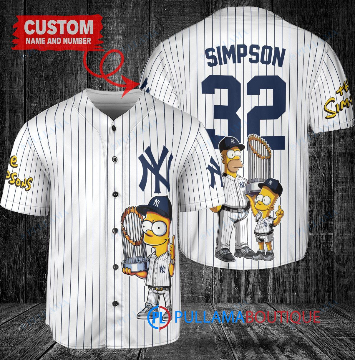 New York Yankees x The Simpsons Bart Simpson, Homer Simpson, Lisa Simpson with Trophy Custom Baseball Jersey White