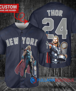 New York Yankees x Thor Marvel with Trophy Custom Baseball Jersey Navy