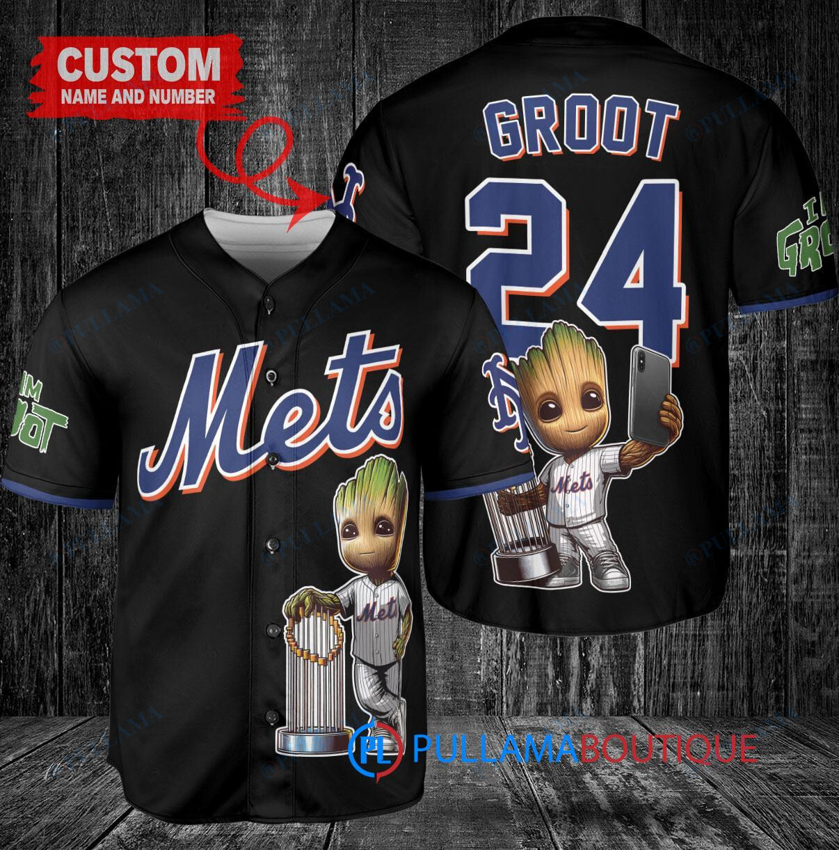 NY Mets Baby Groot Marvel Guardians Of The Galaxy Baseball Jersey Black
