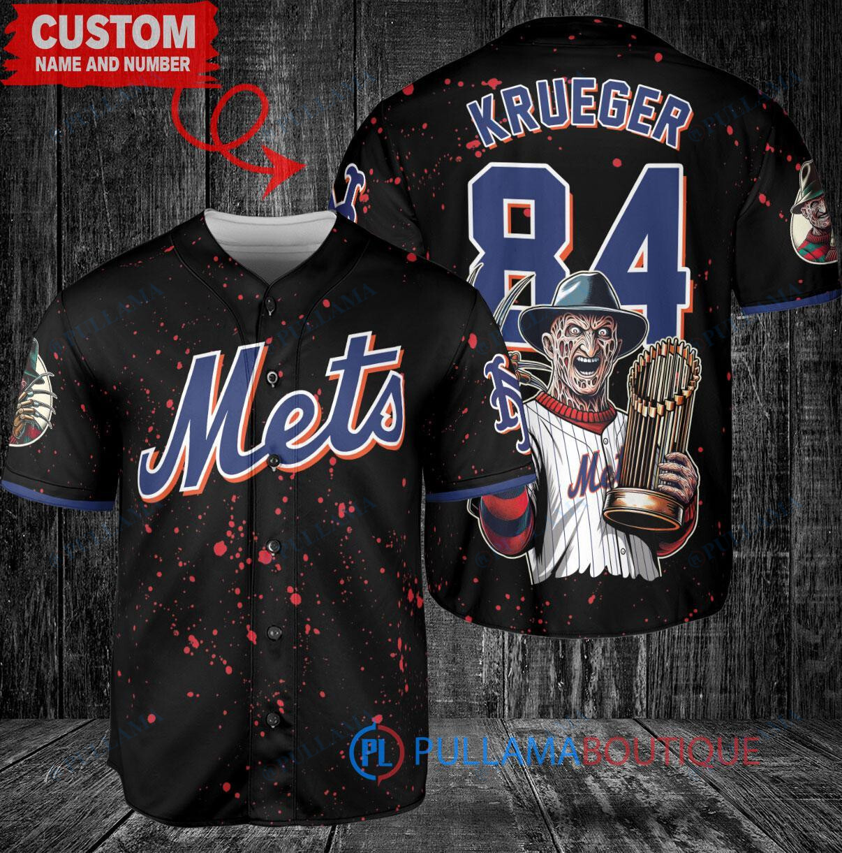 NY Mets Freddy Krueger Halloween World Series Trophy Baseball Jersey Black