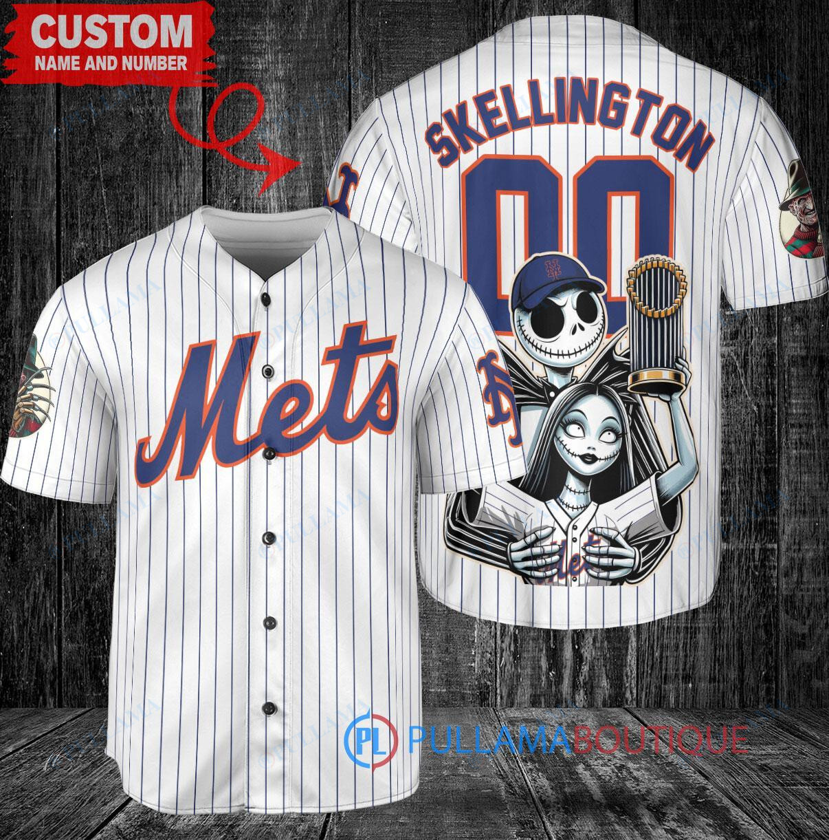NY Mets Jack Skellington Sally World Series Trophy Baseball Jersey White
