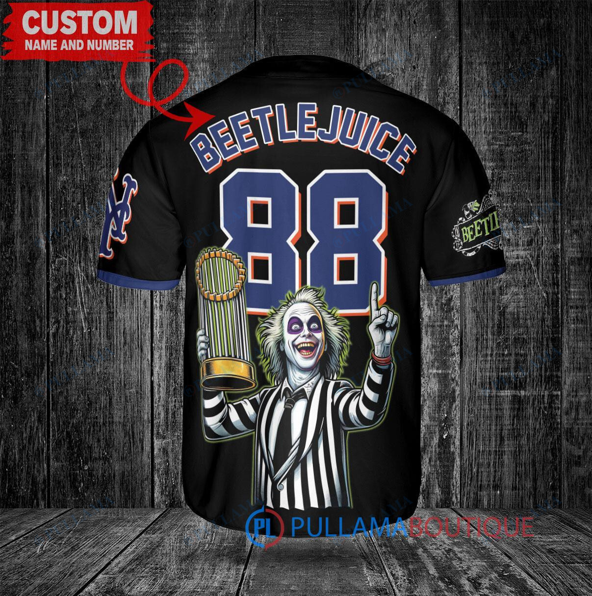 NY Mets x Beetlejuice Halloween World Series Trophy Baseball Jersey Black