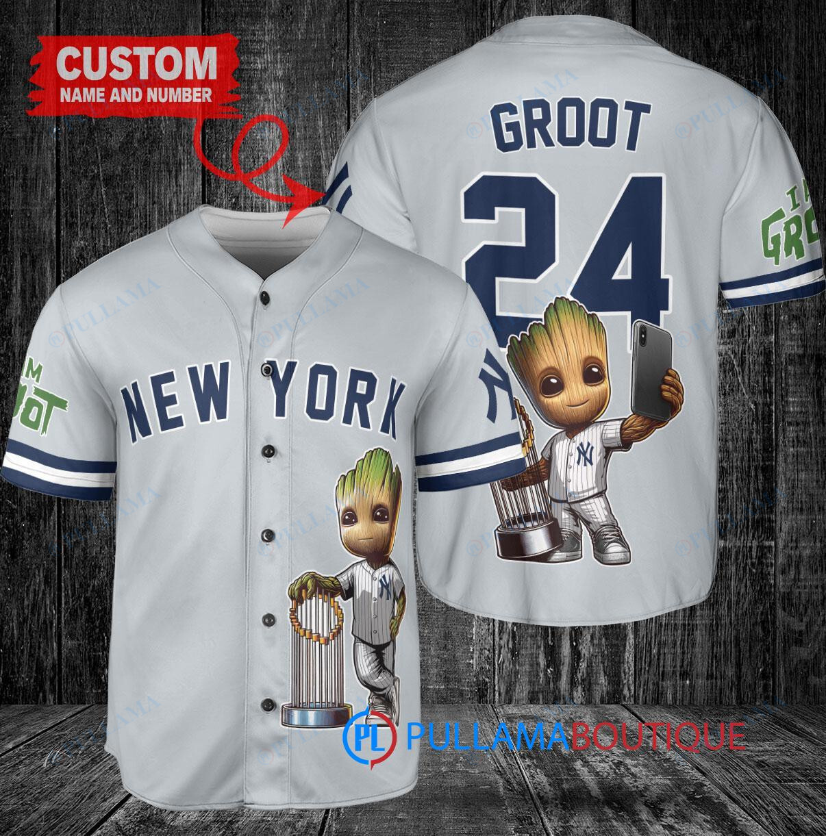 NY Yankees Baby Groot Marvel Guardians Of The Galaxy Baseball Jersey Gray