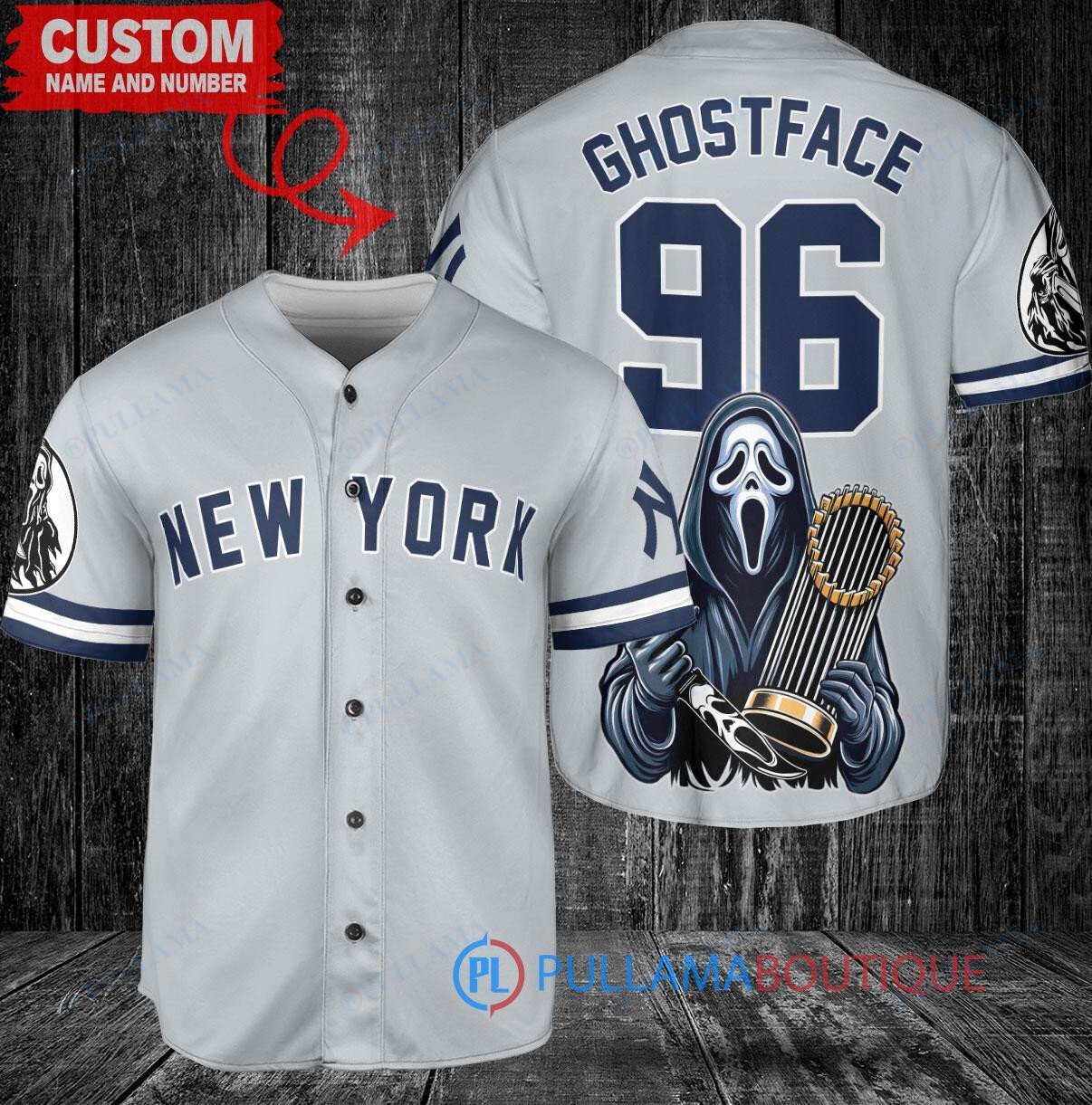 NY Yankees Ghostface Scream Halloween World Series Trophy Baseball Jersey Gray