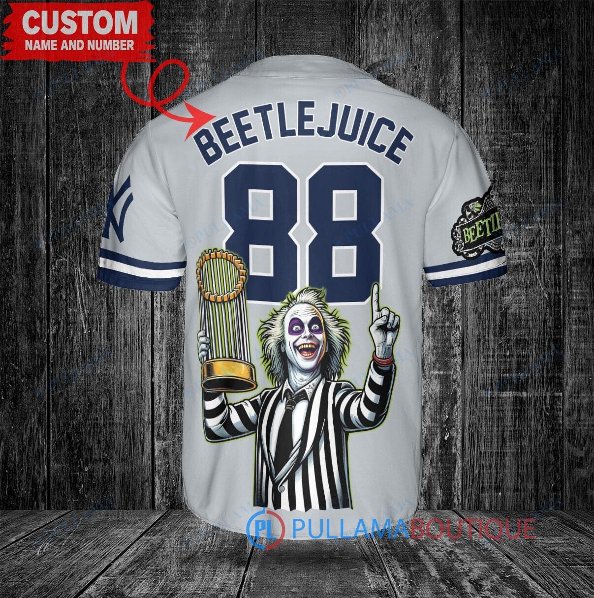 NY Yankees x Beetlejuice Halloween World Series Trophy Baseball Jersey Gray