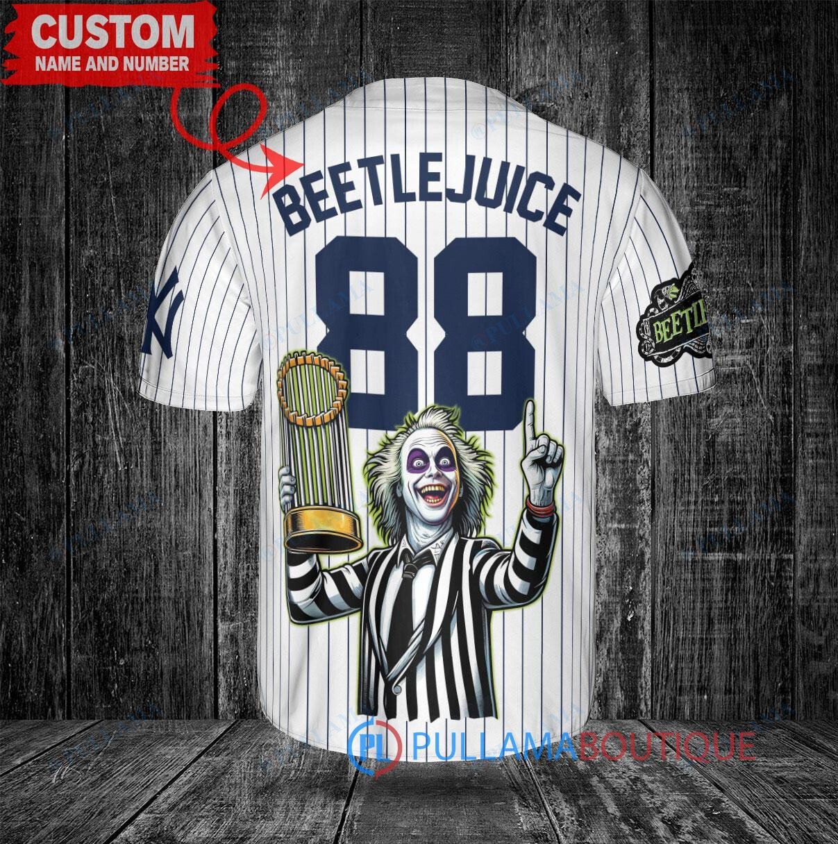 NY Yankees x Beetlejuice Halloween World Series Trophy Baseball Jersey White
