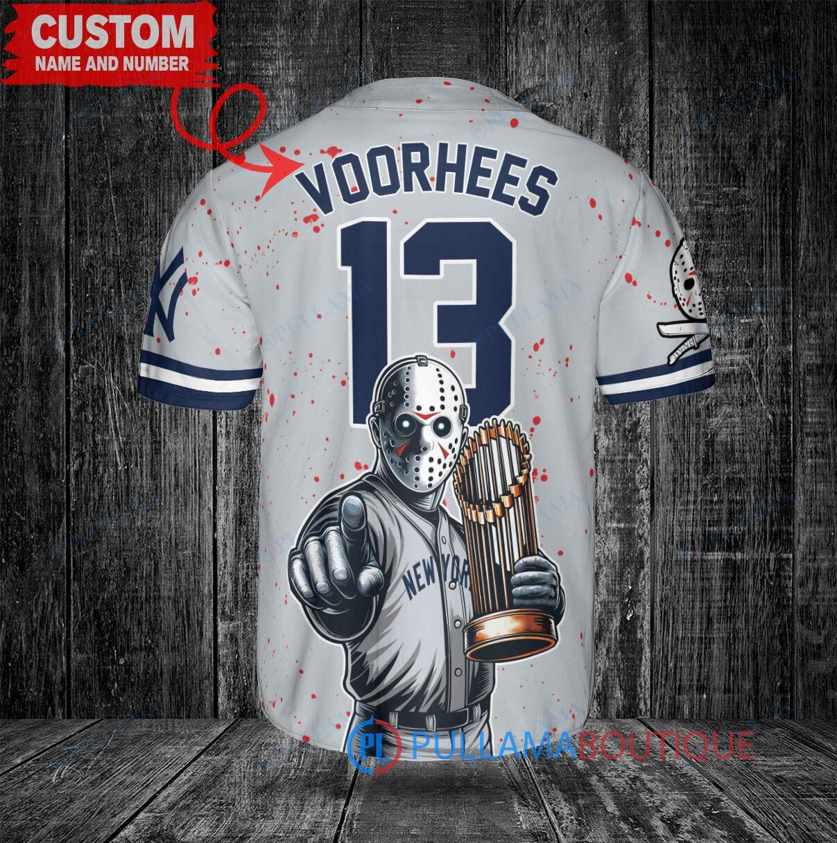 NY Yankees x Jason Voorhees Halloween World Series Trophy Baseball Jersey Gray