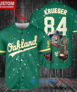 Oakland A's Freddy Krueger Halloween World Series Trophy Baseball Jersey Green