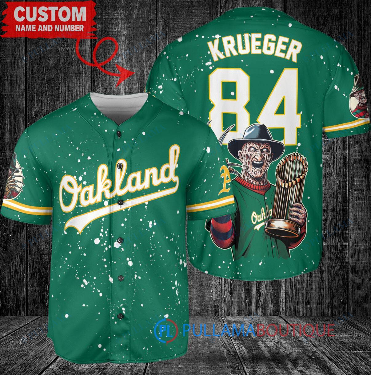 Oakland A's Freddy Krueger Halloween World Series Trophy Baseball Jersey Green