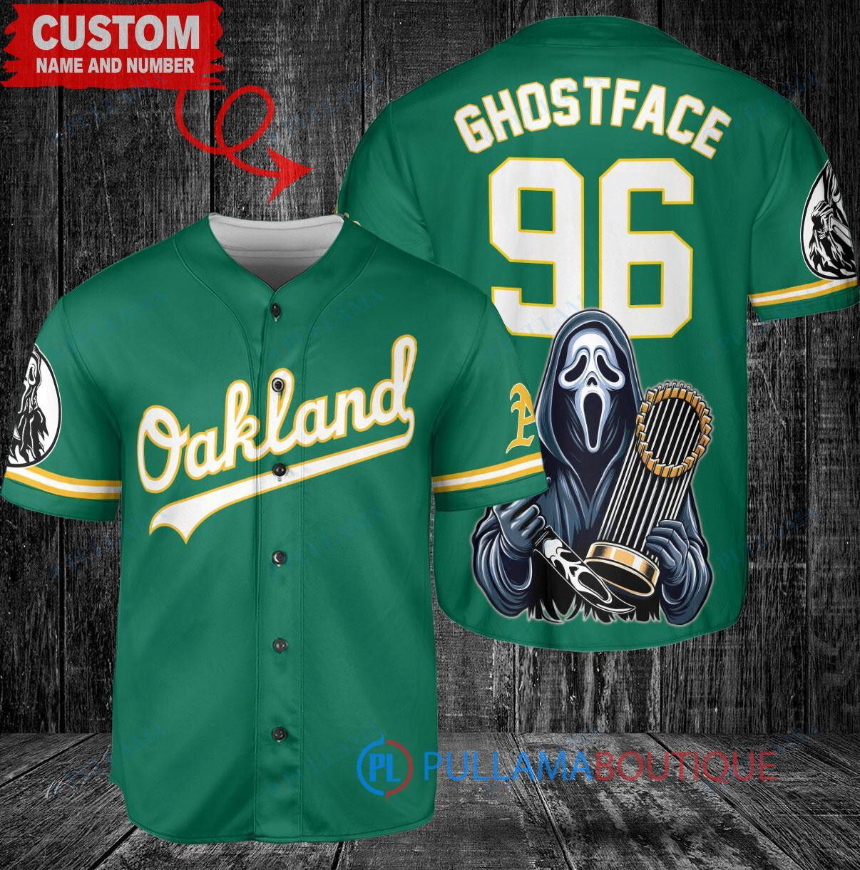 Oakland Athletics Ghostface Scream World Series Trophy Baseball Jersey Green