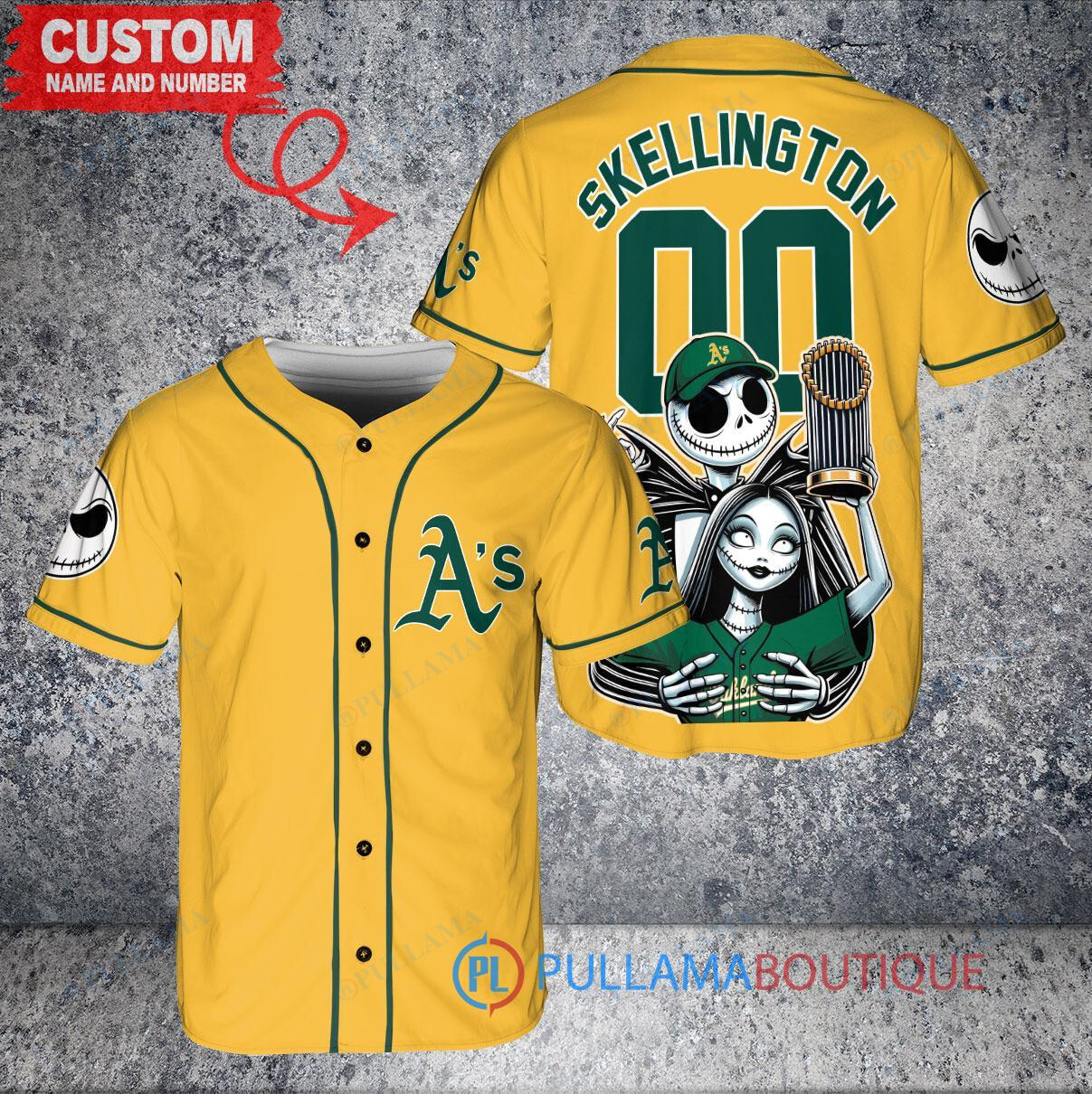 Oakland Athletics Jack Skellington Sally World Series Trophy Baseball Jersey Gold