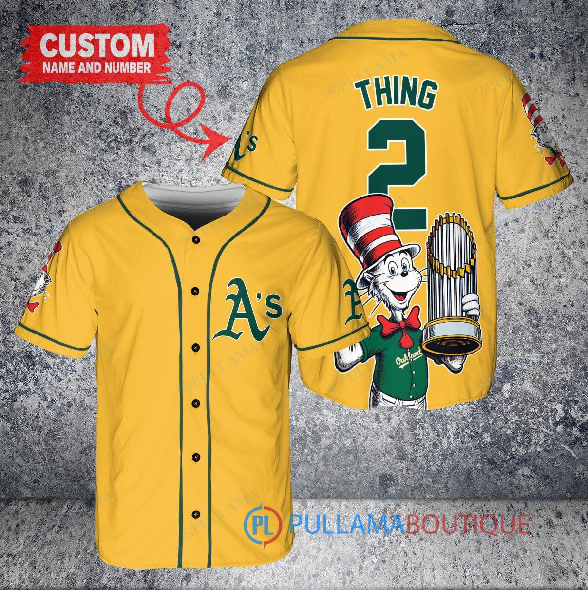 Oakland Athletics x Dr Seuss with World Series Trophy Custom Baseball Jersey Gold