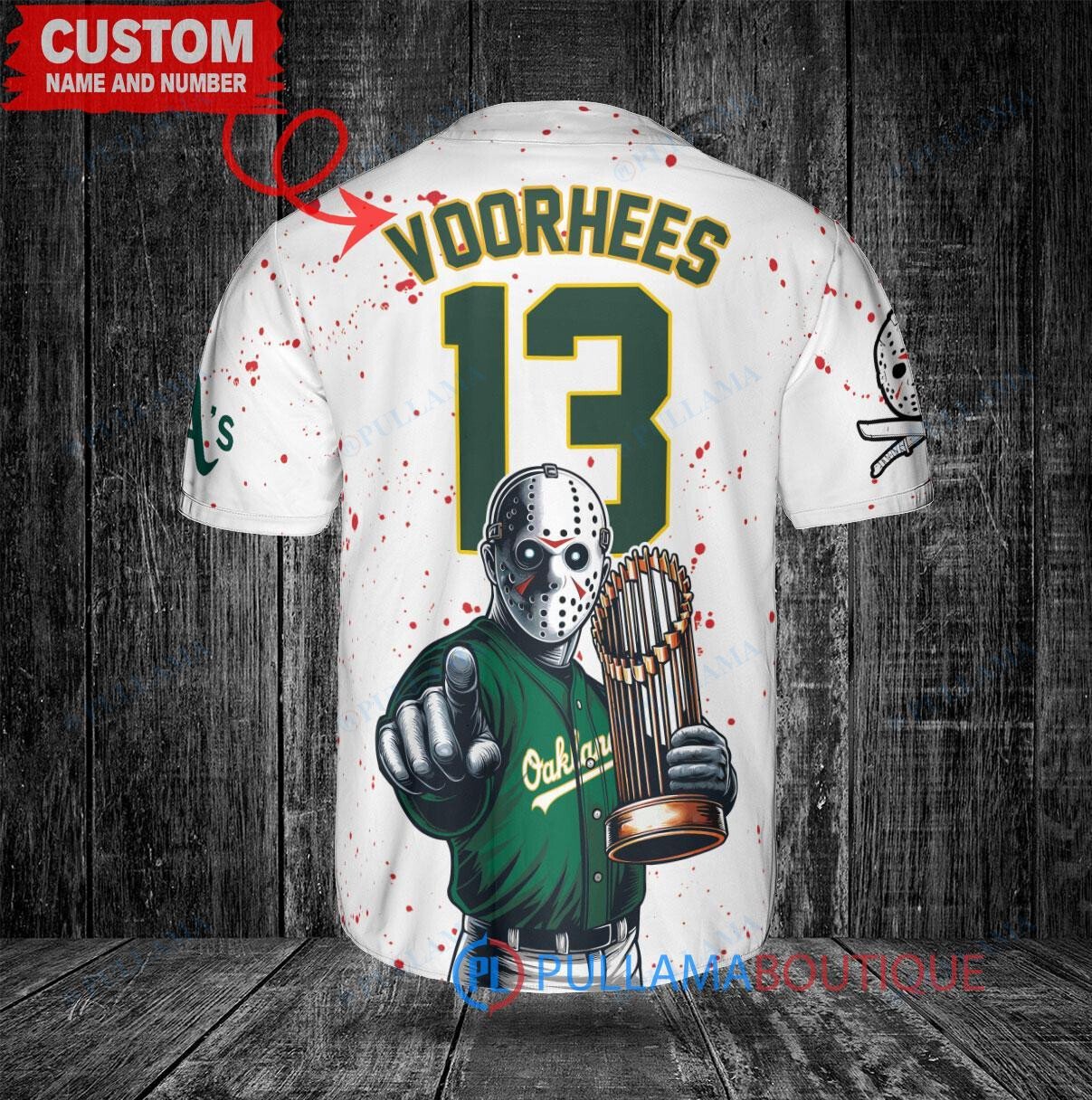 Oakland Athletics x Friday the 13th Jason Voorhees Halloween with World Series Trophy Custom Baseball Jersey White
