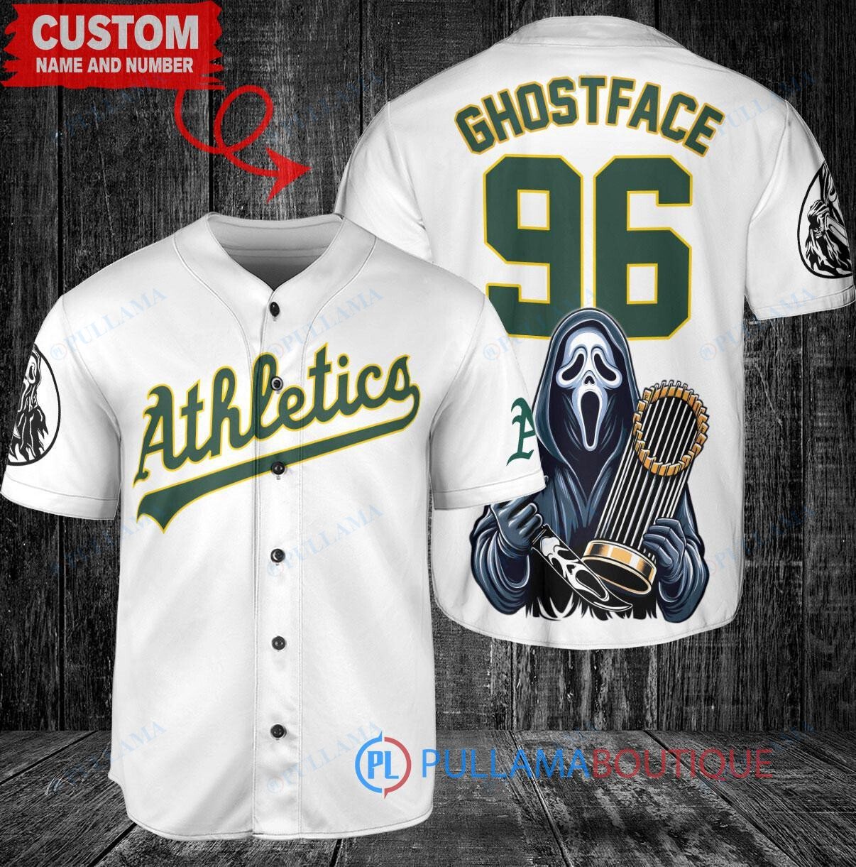 Oakland Athletics x Ghostface Scream Halloween Halloween with World Series Trophy Custom Baseball Jersey White