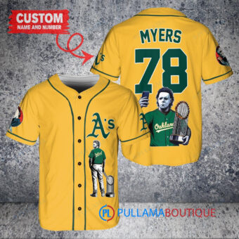 Oakland Athletics x Halloween Michael Myers with Trophy Custom Baseball Jersey Gold