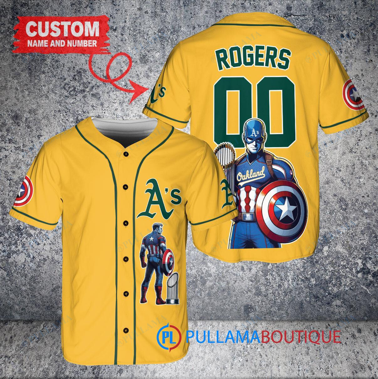 Oakland Athletics x Marvel Captain America Steve Rogers with Trophy Custom Baseball Jersey Gold