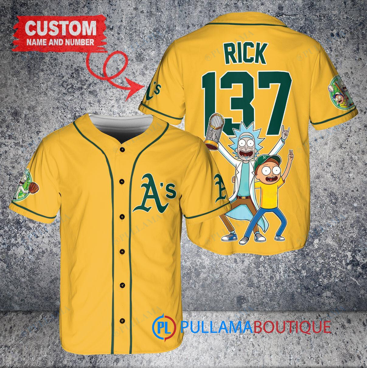 Oakland Athletics x Rick and Morty with Trophy Custom Baseball Jersey Gold