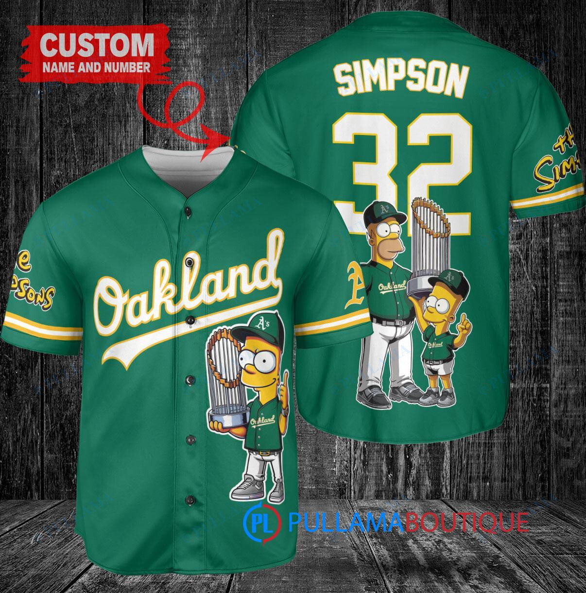 Oakland Athletics x The Simpsons Bart Simpson, Homer Simpson, Lisa Simpson with Trophy Custom Baseball Jersey Green
