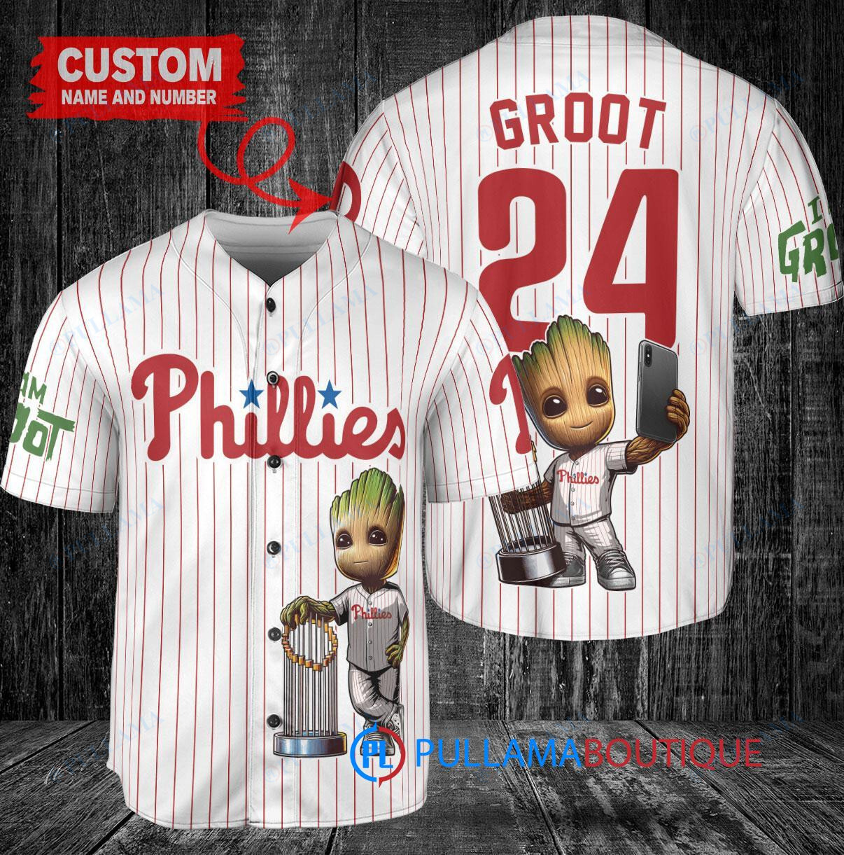 Philadelphia Phillies x Baby Groot Marvel Guardians Of The Galaxy with Trophy Custom Baseball Jersey White