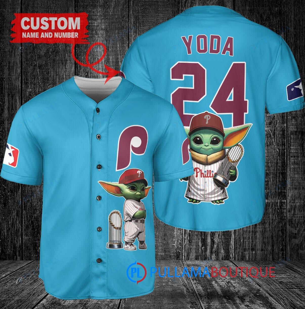 Philadelphia Phillies x Baby Yoda Star Wars The Mandalorian with Trophy Custom Baseball Jersey Light Blue