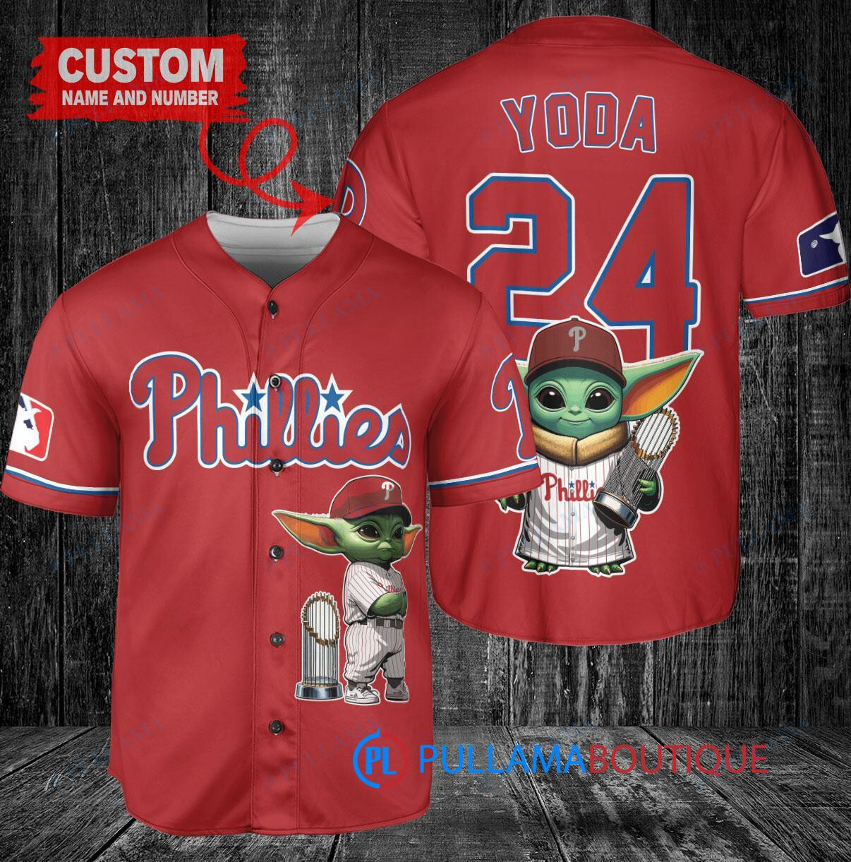 Philadelphia Phillies x Baby Yoda Star Wars The Mandalorian with Trophy Custom Baseball Jersey Red