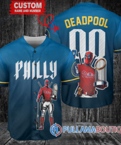 Philadelphia Phillies x Deadpool with Trophy Custom Baseball Jersey Blue City Connect