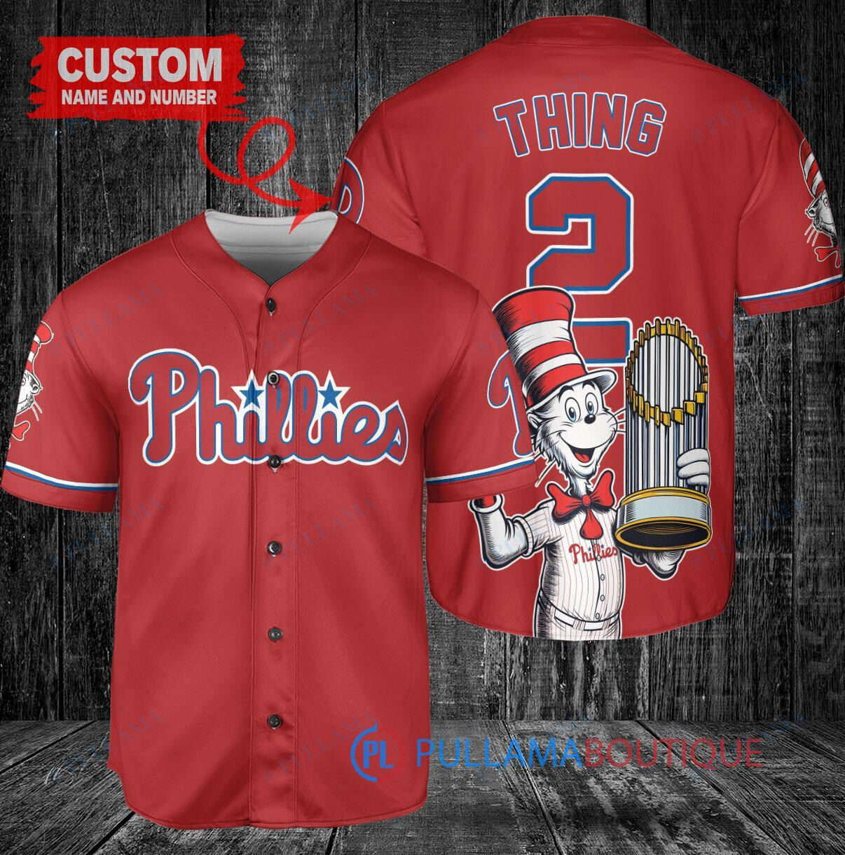 Philadelphia Phillies x Dr Seuss with World Series Trophy Custom Baseball Jersey Red