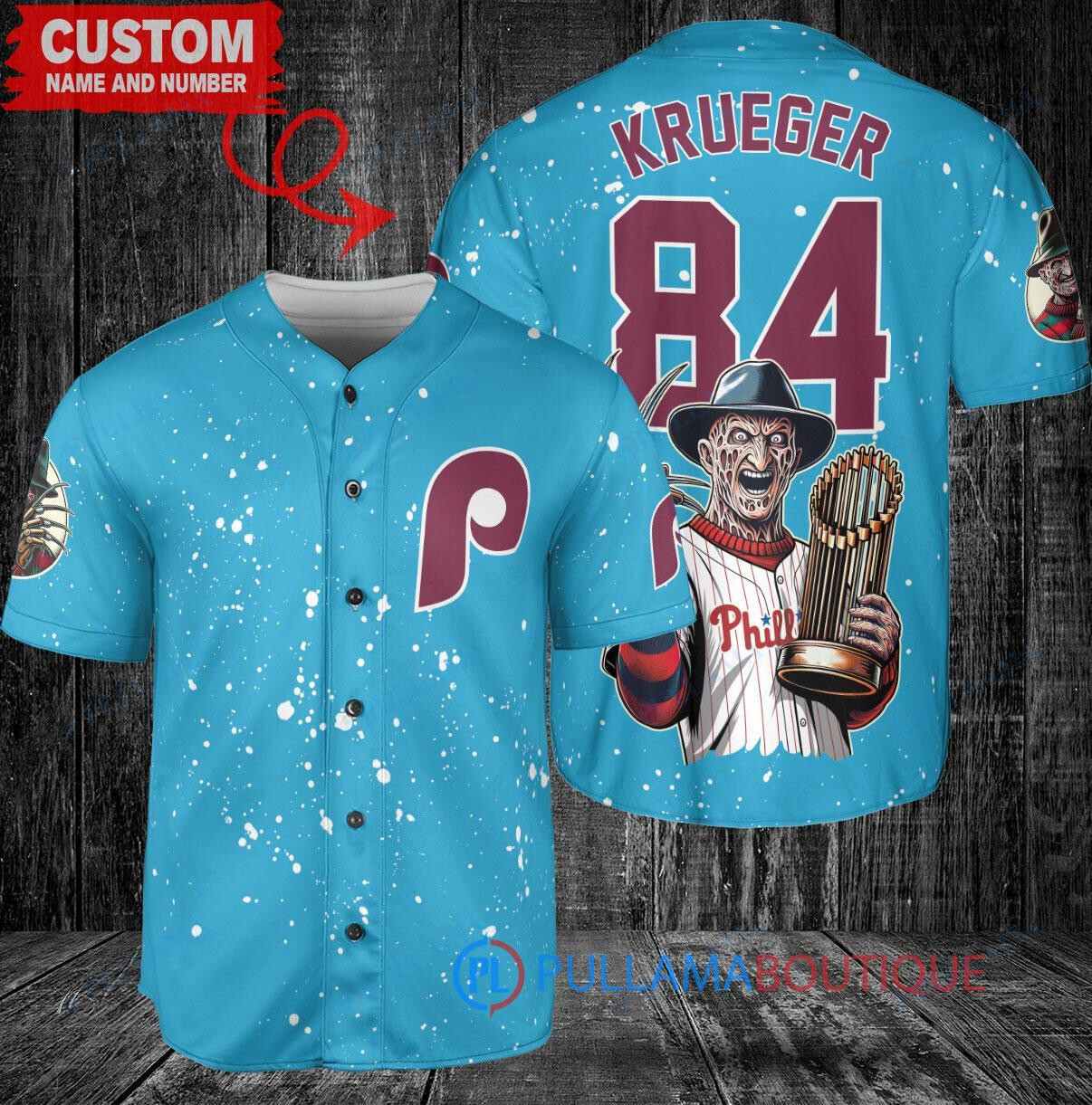 Philadelphia Phillies x Freddy Krueger A Nightmare on Elm Street Halloween with World Series Trophy Custom Baseball Jersey Light Blue