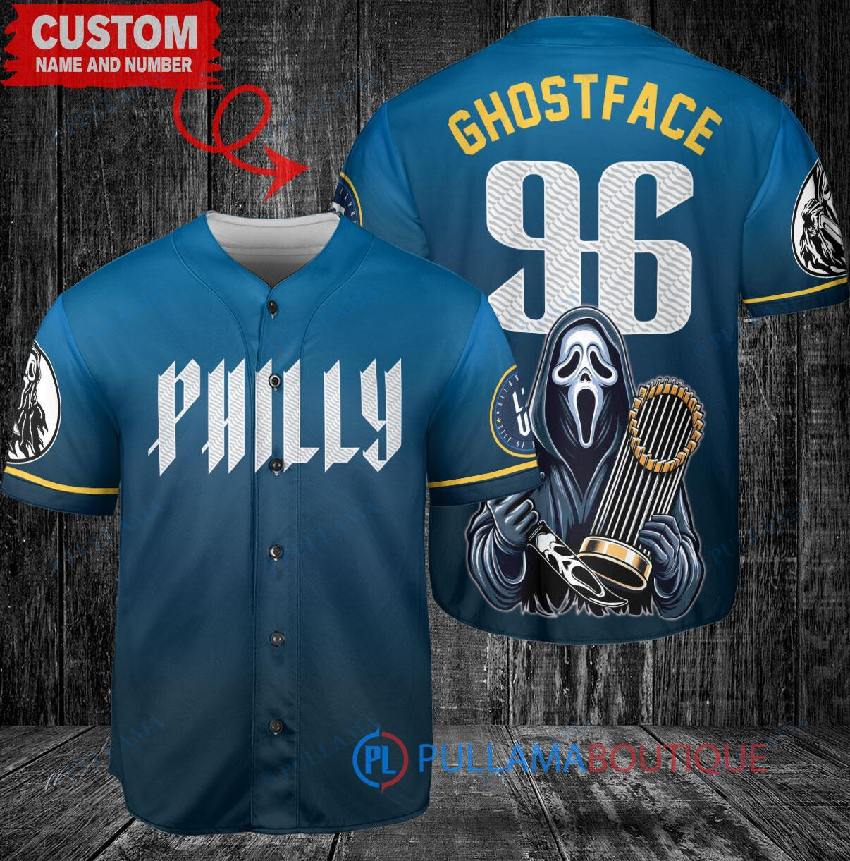 Philadelphia Phillies x Ghostface Scream Halloween Halloween with World Series Trophy Custom Baseball Jersey Blue City Connect