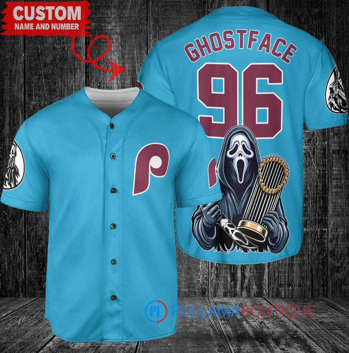 Philadelphia Phillies x Ghostface Scream Halloween Halloween with World Series Trophy Custom Baseball Jersey Light Blue