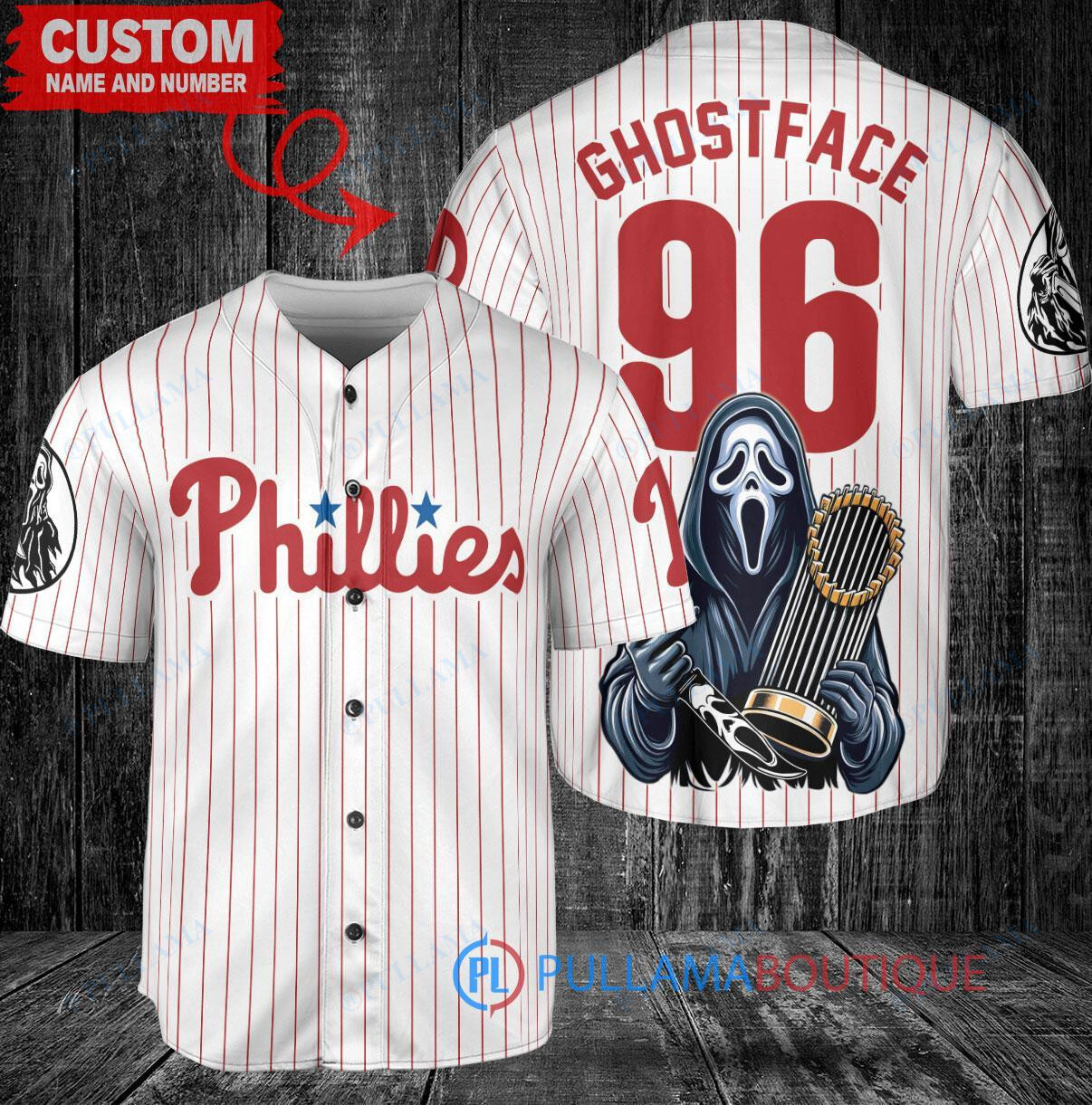 Philadelphia Phillies x Ghostface Scream Halloween Halloween with World Series Trophy Custom Baseball Jersey White