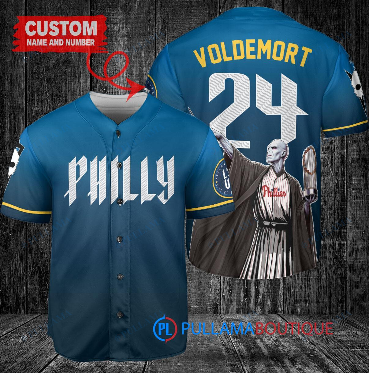 Philadelphia Phillies x Lord Voldemort Harry Potter with Trophy Custom Baseball Jersey Blue City Connect