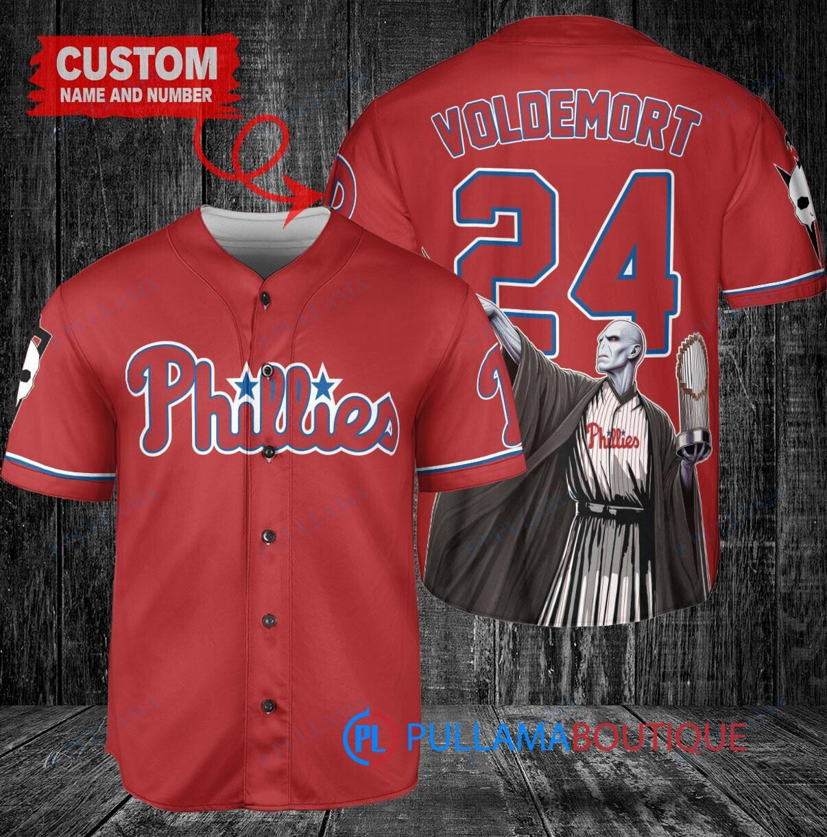 Philadelphia Phillies x Lord Voldemort Harry Potter with Trophy Custom Baseball Jersey Red
