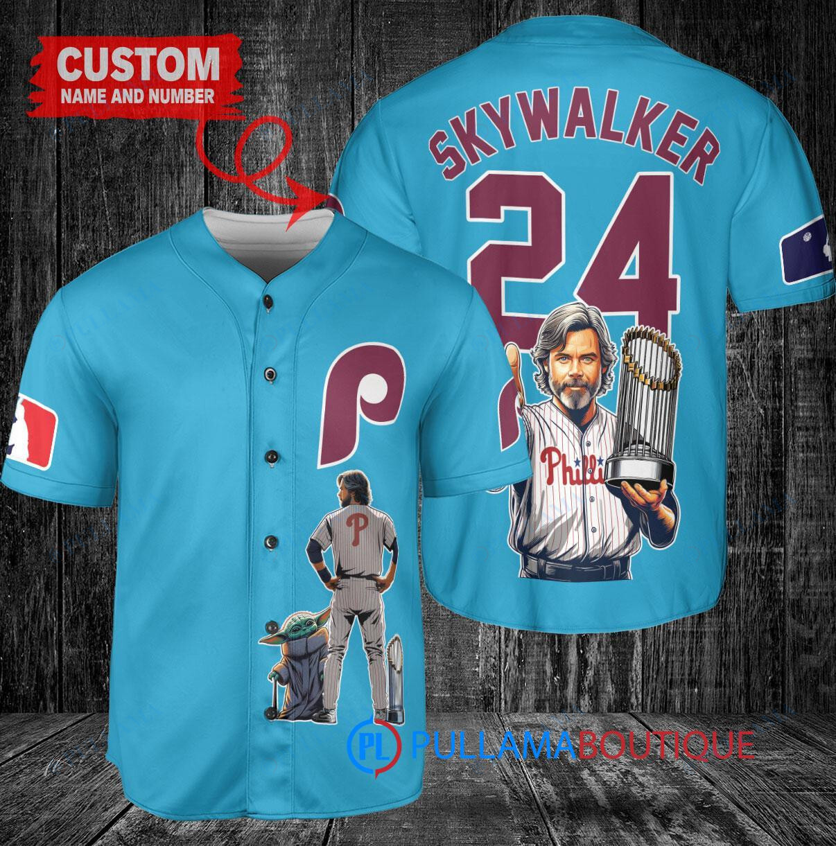 Philadelphia Phillies x Luke Skywalker Star Wars with Trophy Custom Baseball Jersey Light Blue