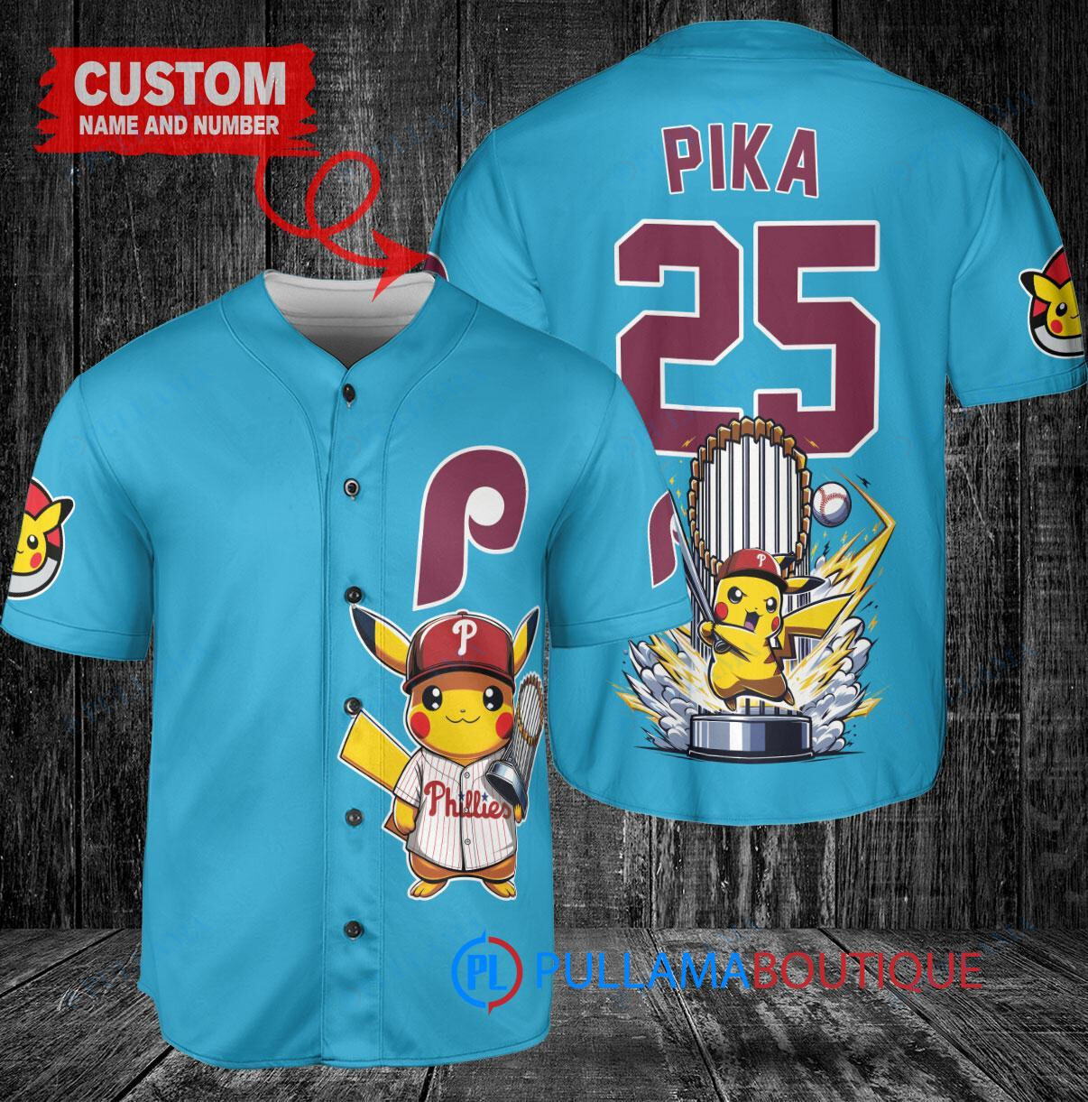 Philadelphia Phillies x Pikachu Pokemon with Trophy Custom Baseball Jersey Light Blue
