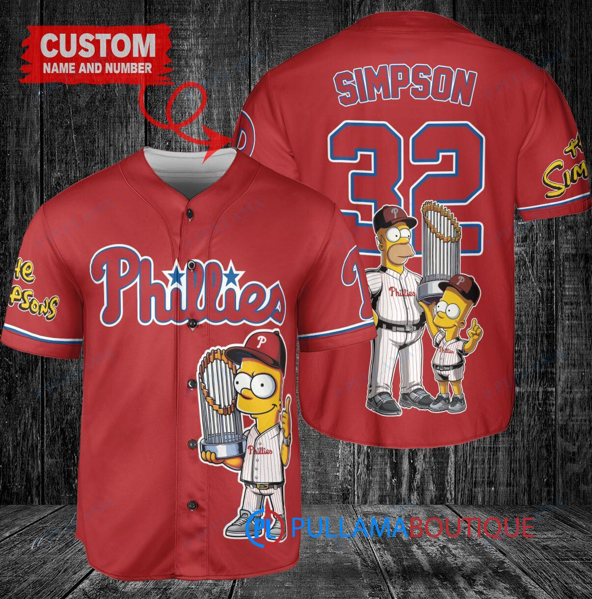 Philadelphia Phillies x The Simpsons Bart Simpson, Homer Simpson, Lisa Simpson with Trophy Custom Baseball Jersey Red