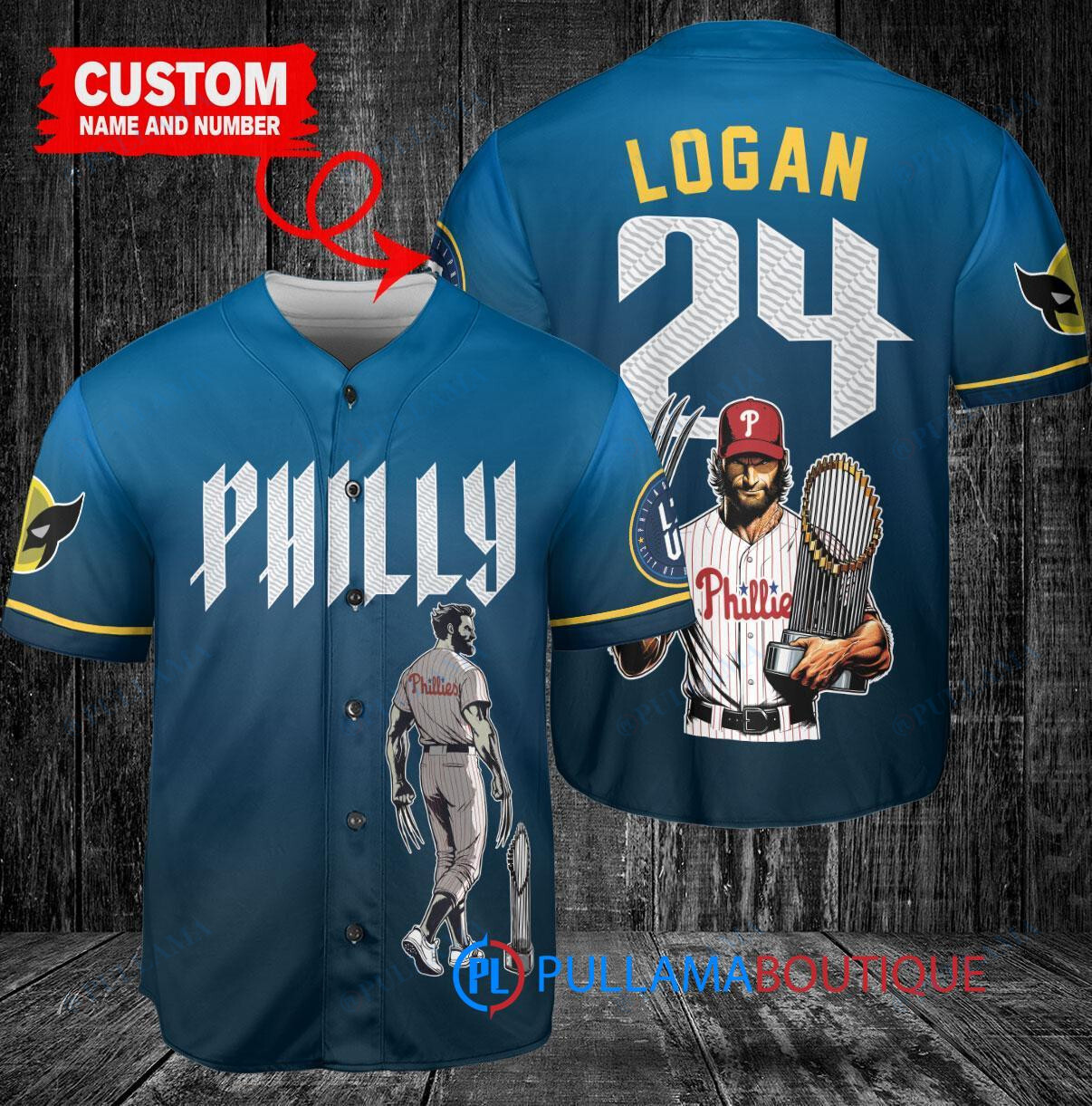 Philadelphia Phillies x Wolverine Logan with Trophy Custom Baseball Jersey Blue City Connect