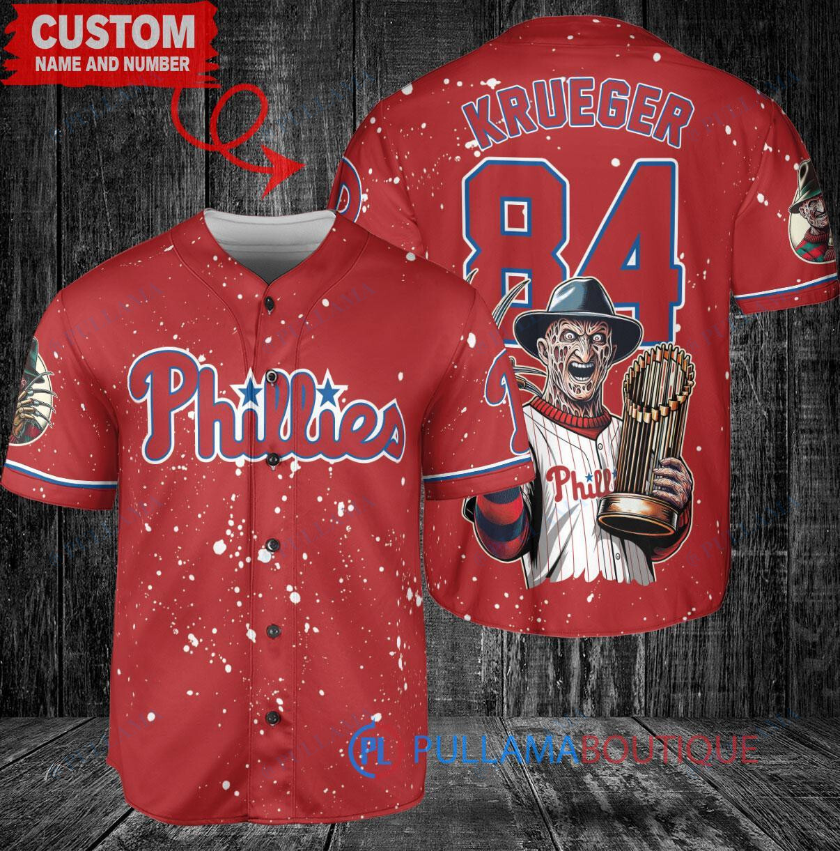 Phillies Freddy Krueger Halloween World Series Trophy Baseball Jersey Red