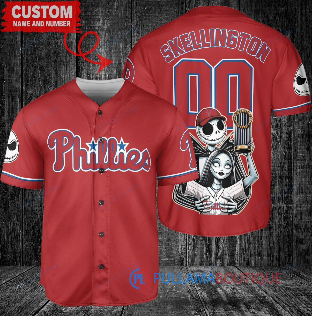 Phillies Jack Skellington Sally World Series Trophy Baseball Jersey Red